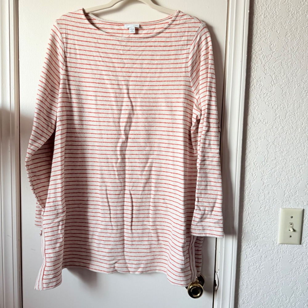J. Jill Womens 1X Orange Cream Striped Boat Neck Long Sleeve Cotton Tunic Top